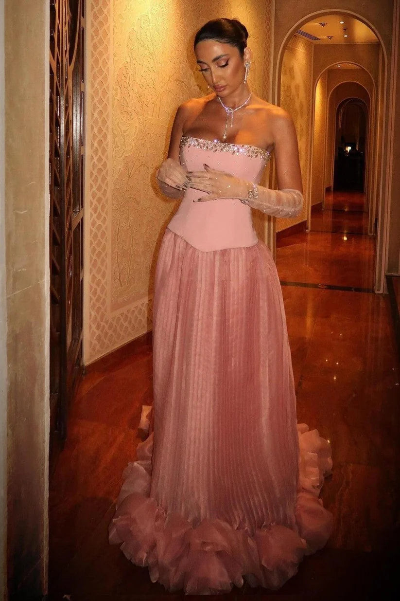Dusty Rose Strapless Crystal Embellished 3D Floral Pleated Tulle Evening Dress