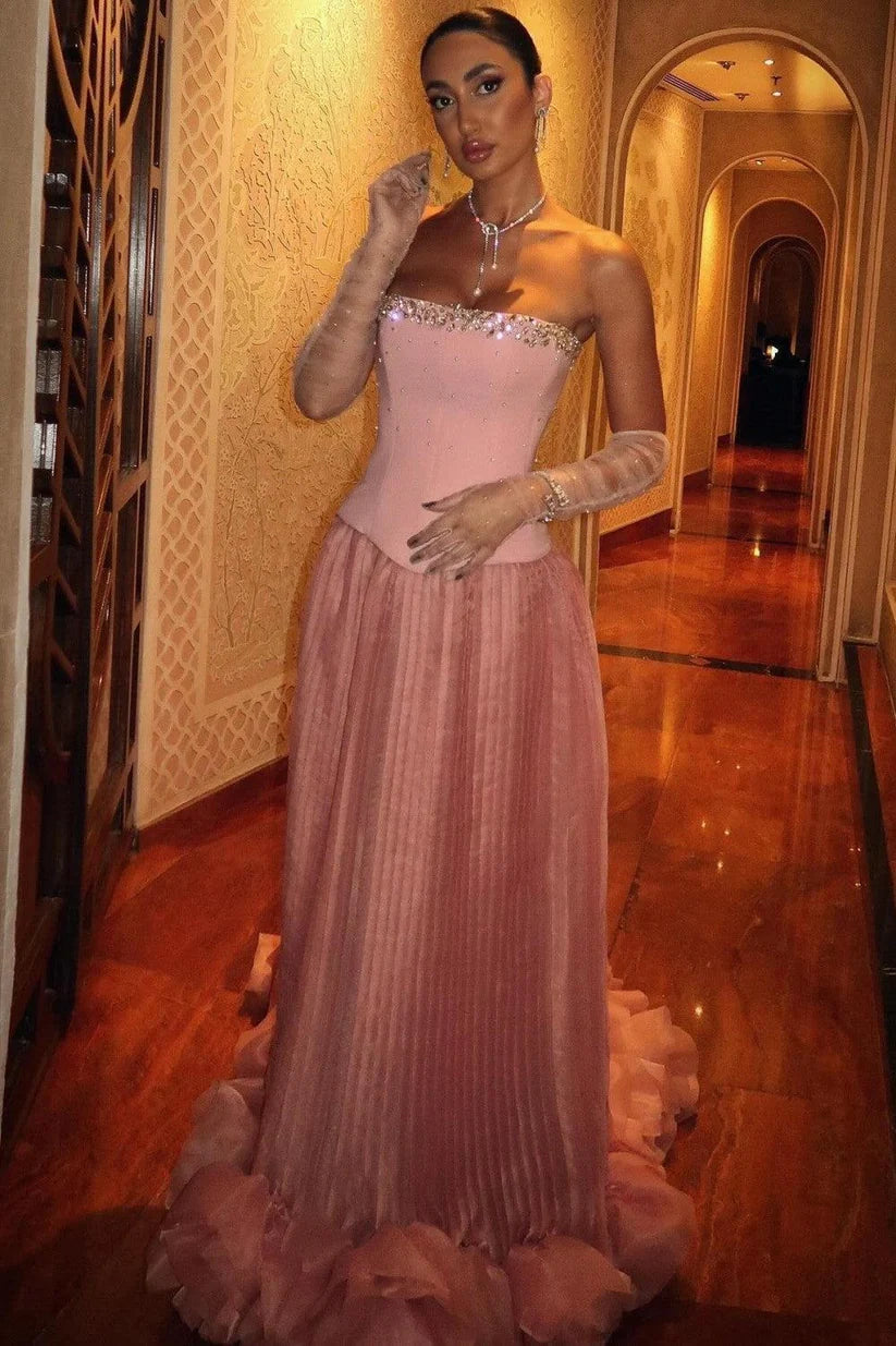 Dusty Rose Strapless Crystal Embellished 3D Floral Pleated Tulle Evening Dress