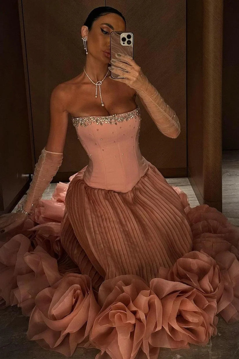 Dusty Rose Strapless Crystal Embellished 3D Floral Pleated Tulle Evening Dress