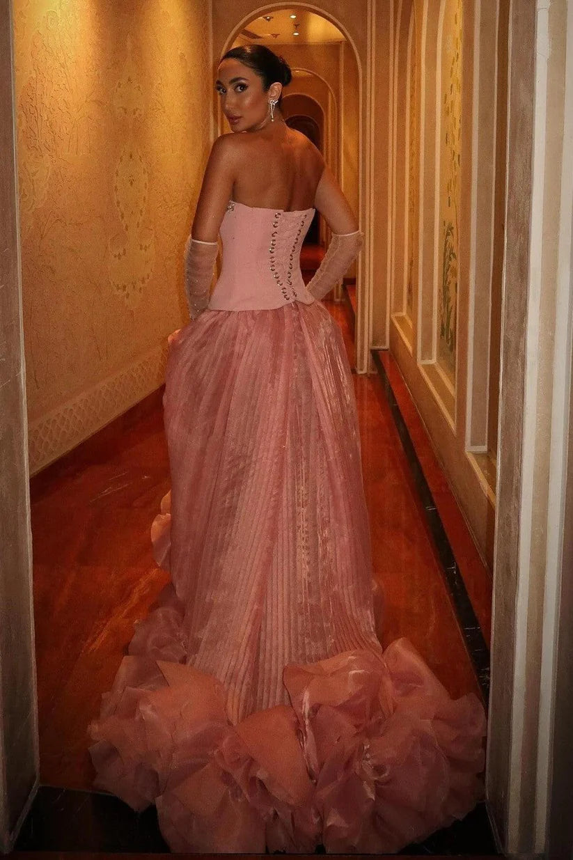 Dusty Rose Strapless Crystal Embellished 3D Floral Pleated Tulle Evening Dress