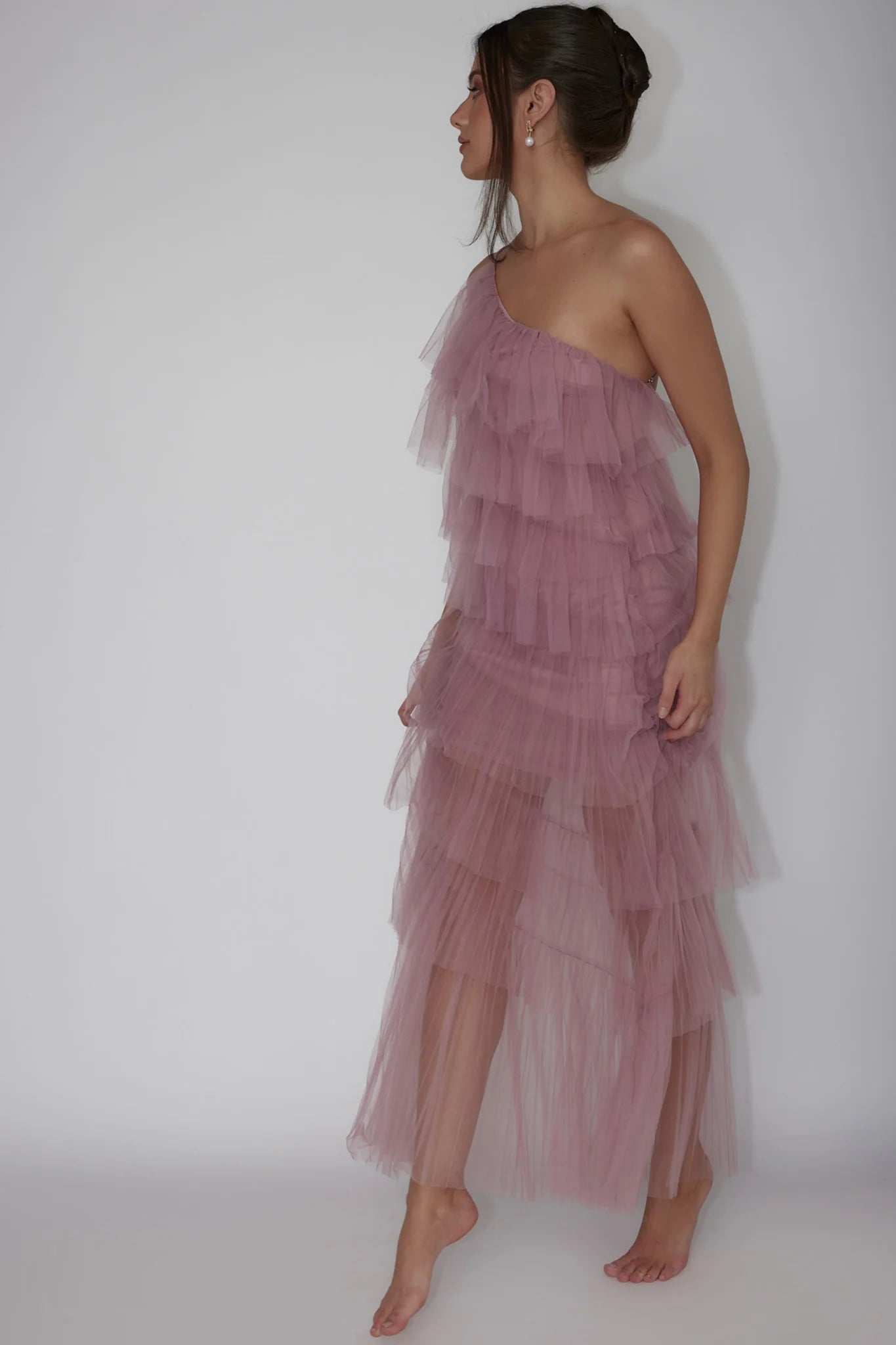 Dusty Rose Tulle One-Shoulder Tiered Ruffle High Low Maxi Evening Dress