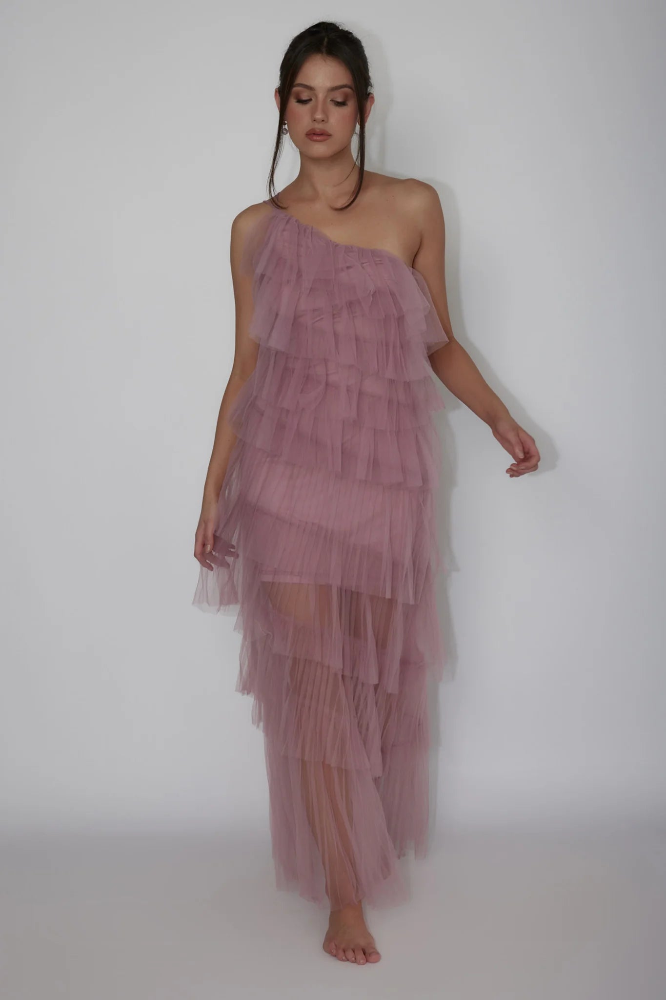 Dusty Rose Tulle One-Shoulder Tiered Ruffle High Low Maxi Evening Dress