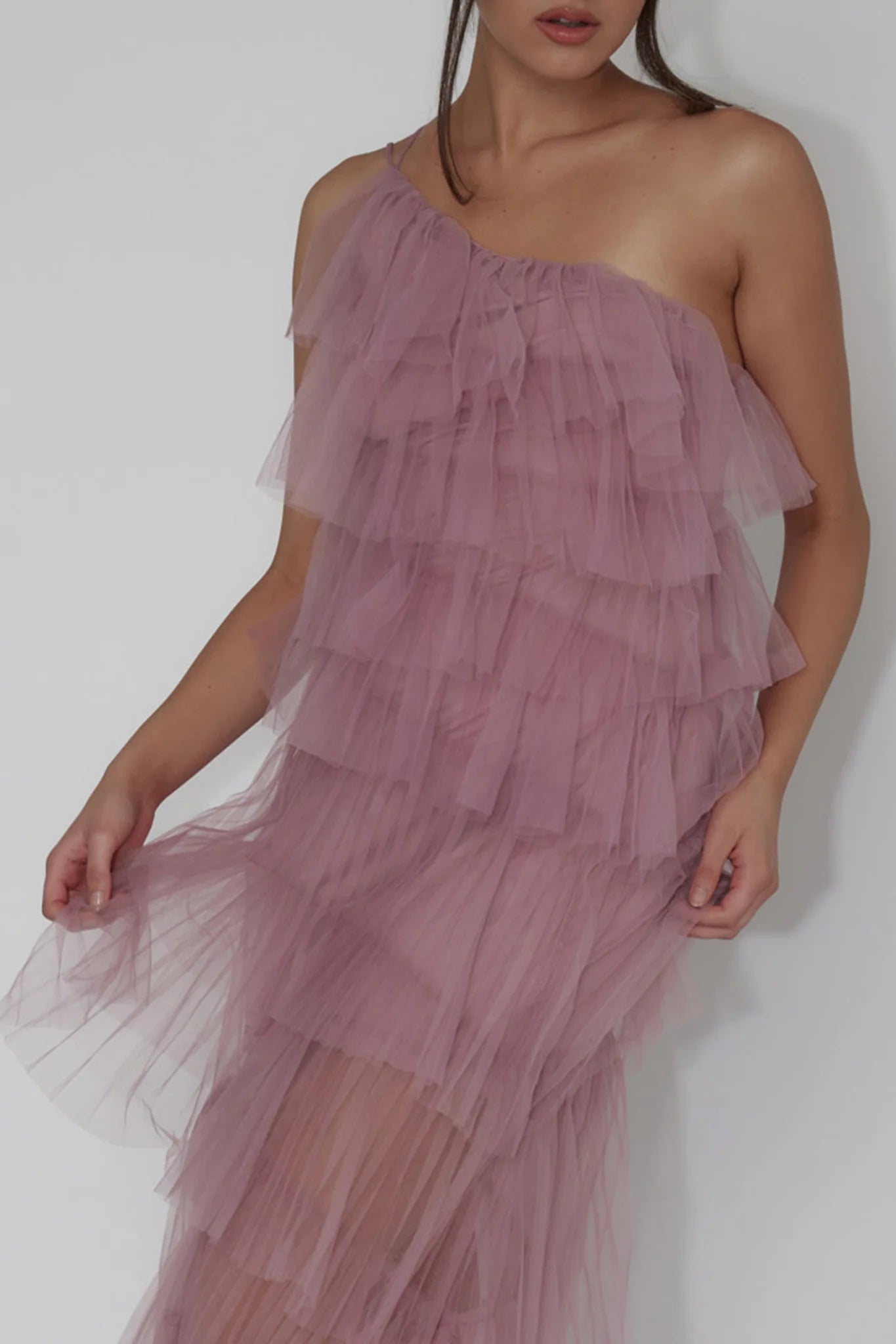 Dusty Rose Tulle One-Shoulder Tiered Ruffle High Low Maxi Evening Dress
