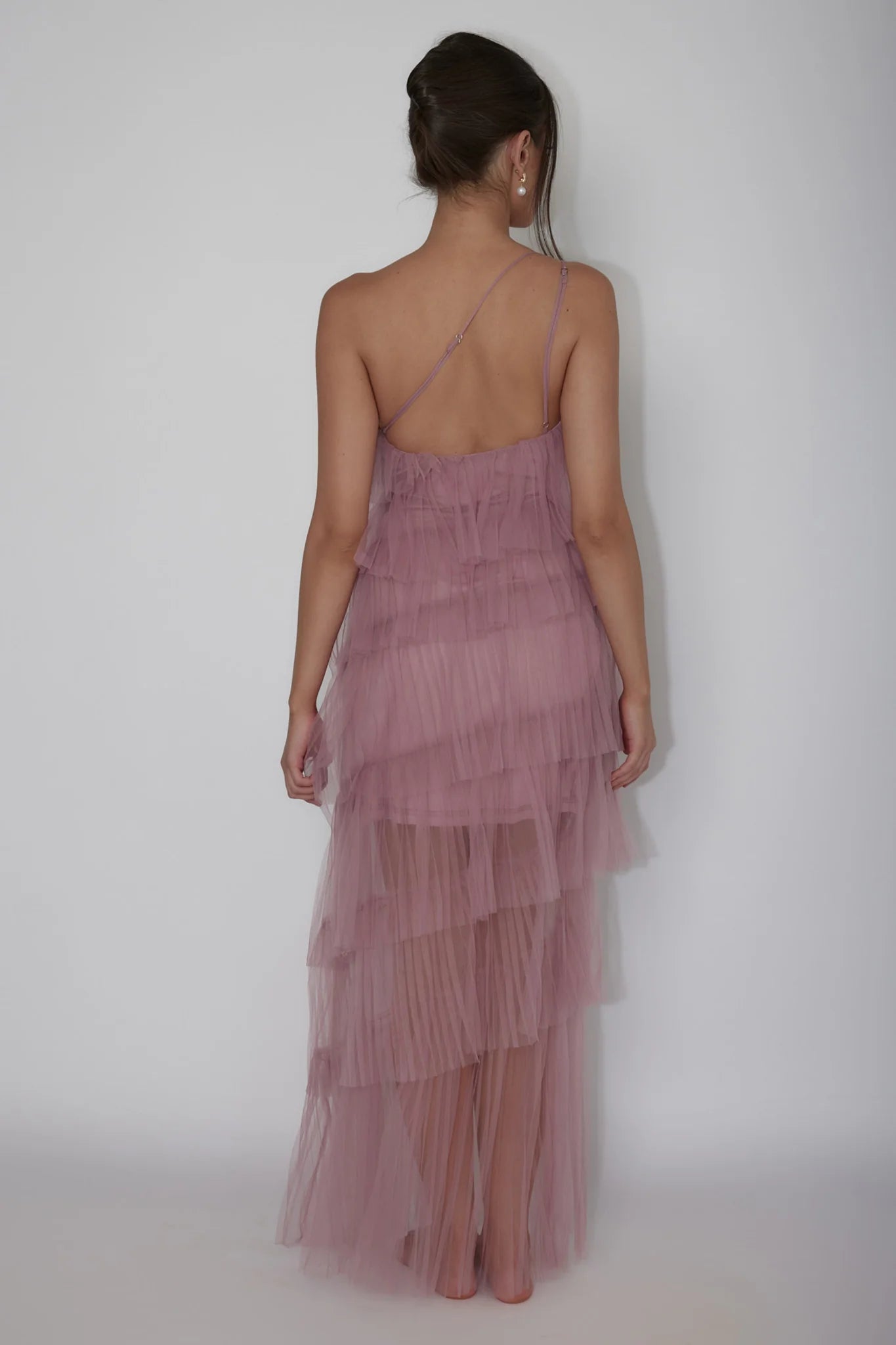 Dusty Rose Tulle One-Shoulder Tiered Ruffle High Low Maxi Evening Dress