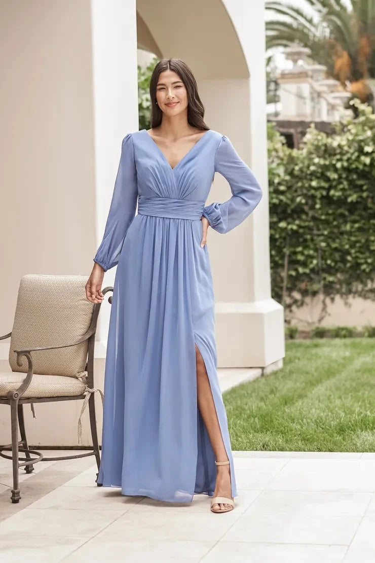 Dusty Blue A-Line V-Neck Long Sleeve Slit Floor-Length Prom Gown