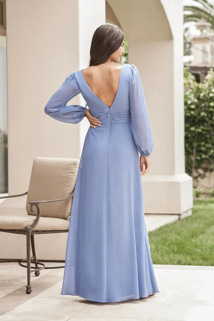 Dusty Blue A-Line V-Neck Long Sleeve Slit Floor-Length Prom Gown