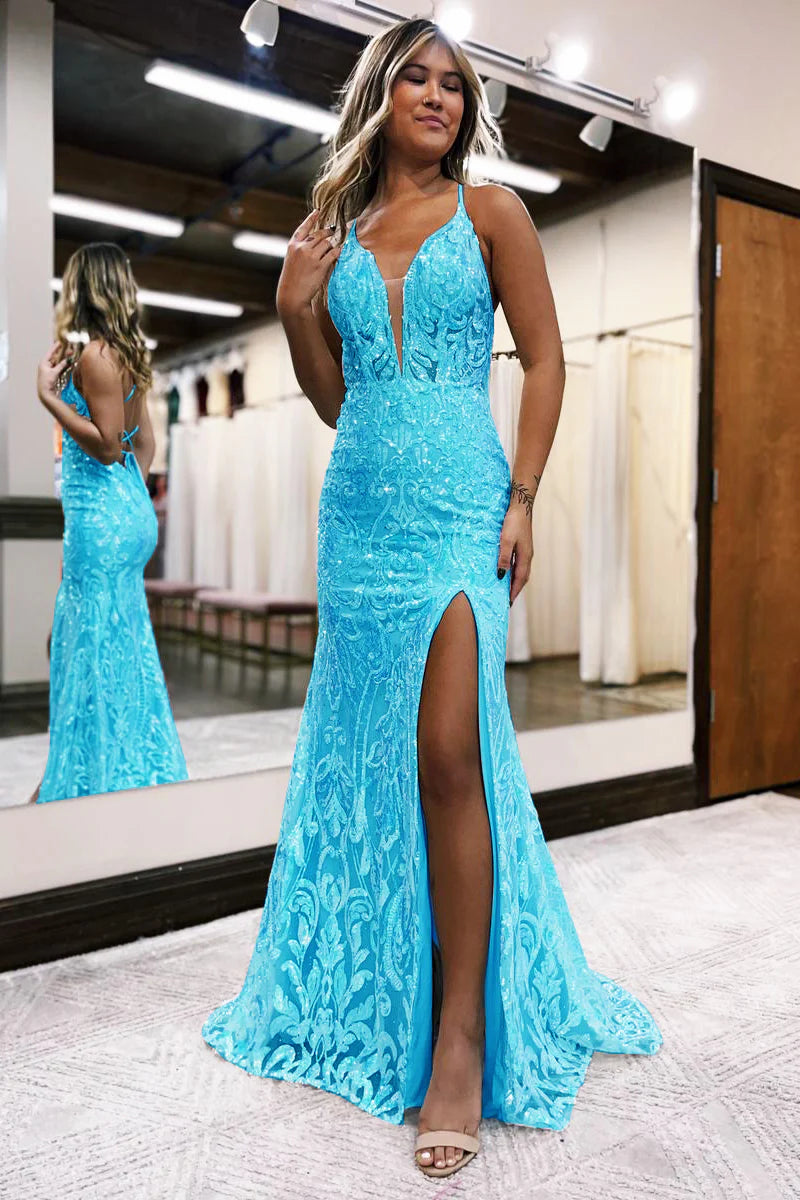 Mermaid Sparkly Deep V Neck Sequins Lace Long Prom Dresses with Slit