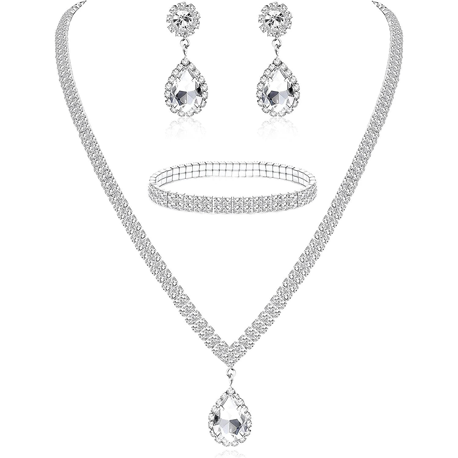 Close-up of sparkling rhinestone necklace and drop earrings.