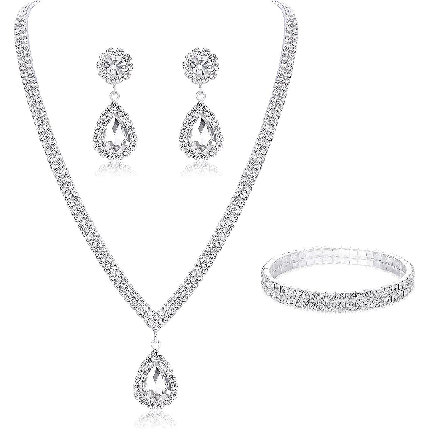 Three-piece rhinestone jewelry set for women on display.