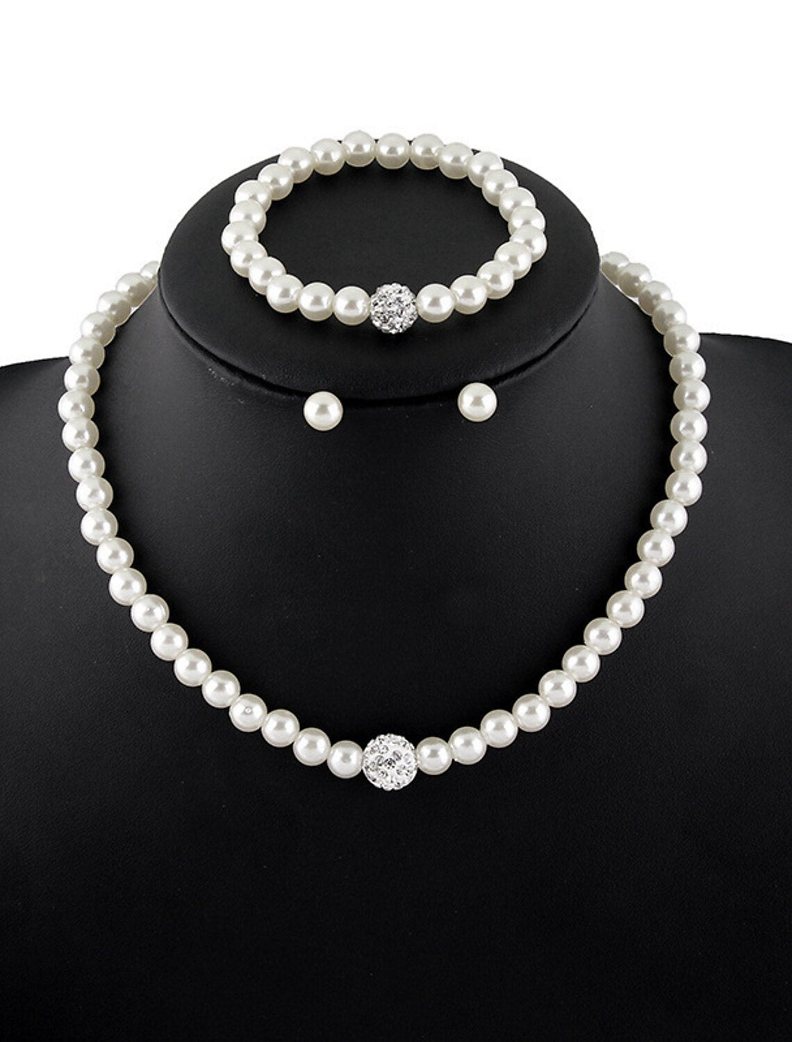 Elegant 4-piece glass alloy jewelry set including rings, earrings, necklace, and bracelets.
