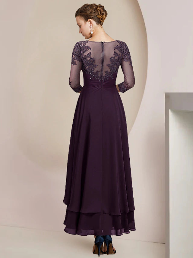A-Line dress showing asymmetrical hem and elegant silhouette.