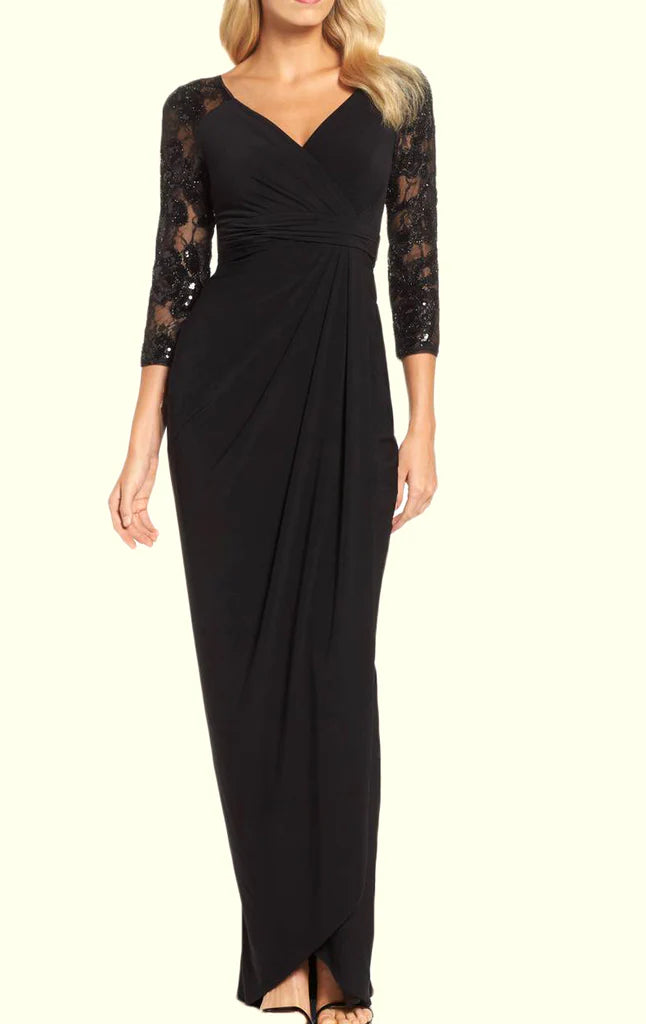 Elegant A-Line formal dress with 3/4 sleeves, perfect for a mother of the bride, shown in a studio setting.