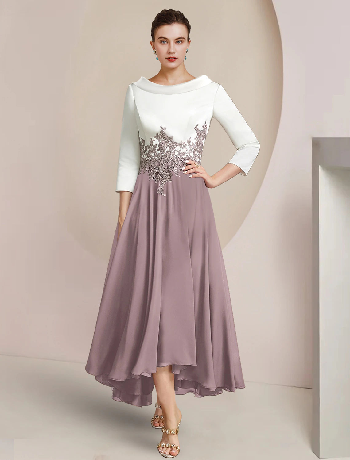 Elegant A-Line Mother of the Bride dress with scoop neck and 3/4 sleeves, front view.