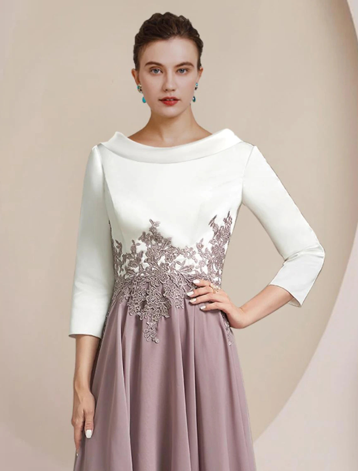 A-Line high-low tea length dress for wedding guests, featuring pleats and appliques.