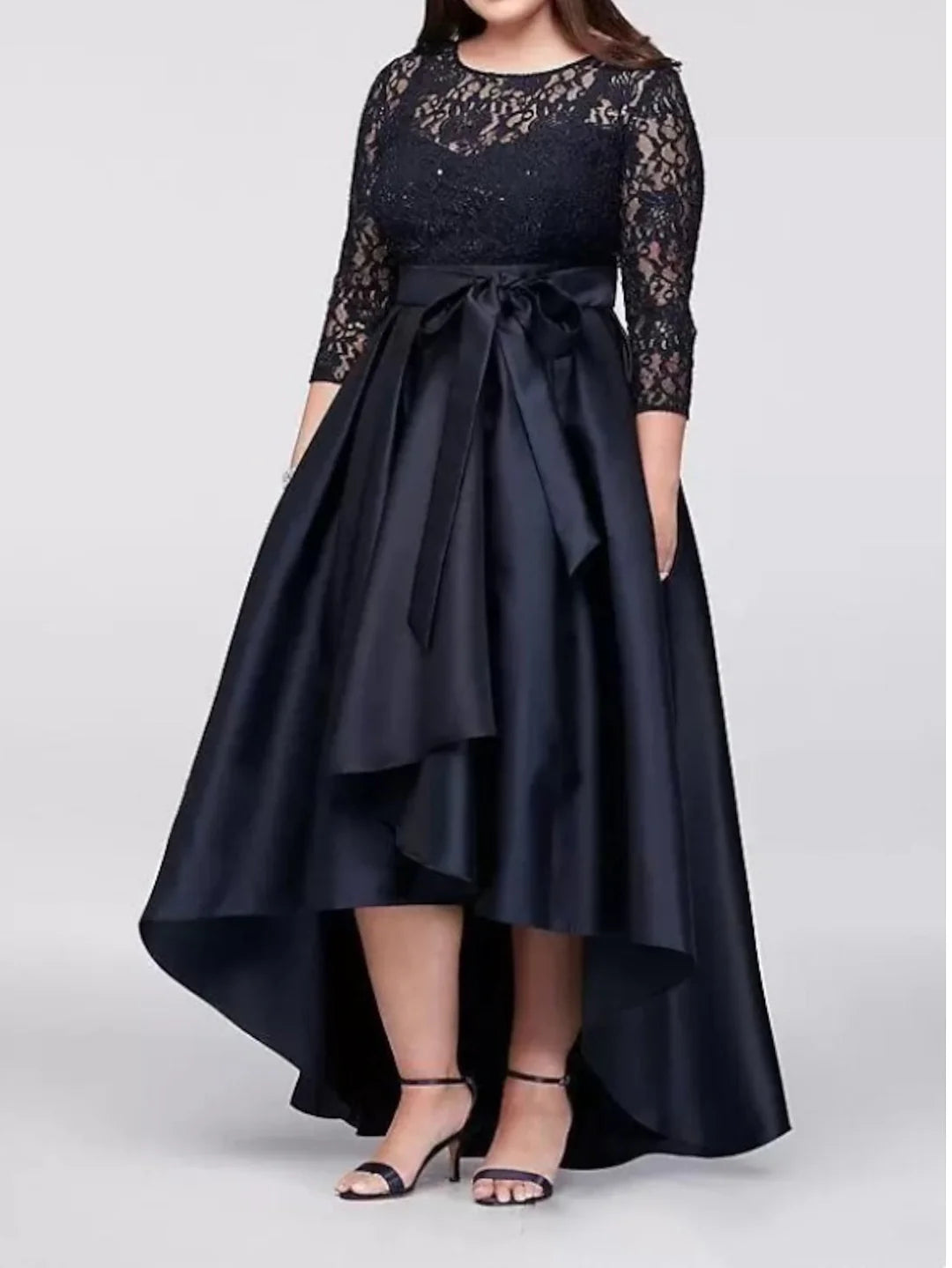 Front view of an elegant A-line applique Mother of the Bride dress.