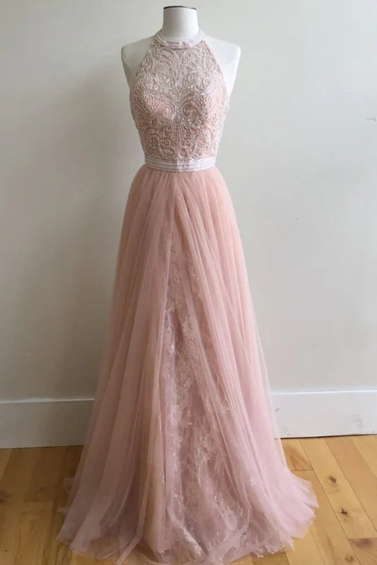 Light blue A-line tulle prom dress with appliques.