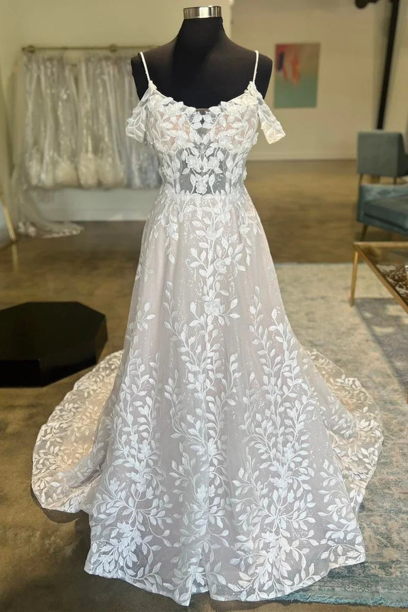 Front view of an elegant A-line appliques wedding dress.