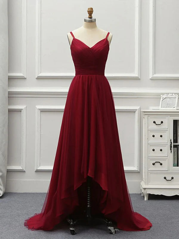 Elegant A-Line high-low tulle prom dress, front view.