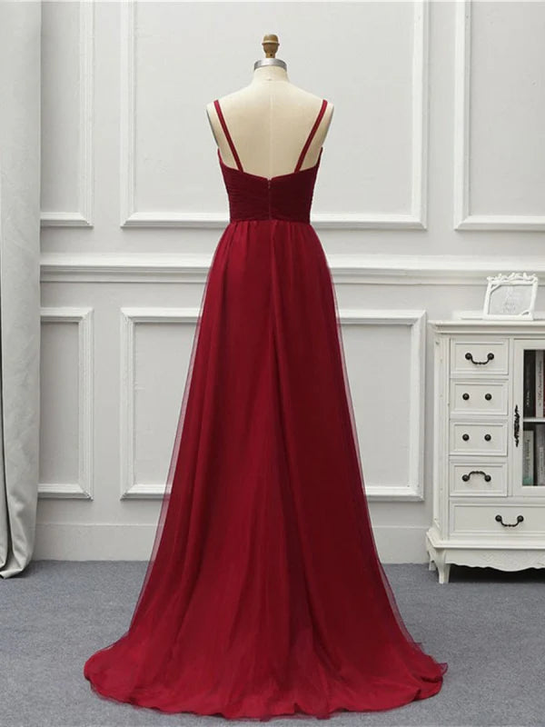 Backless A-Line high-low tulle long prom dress, back view.
