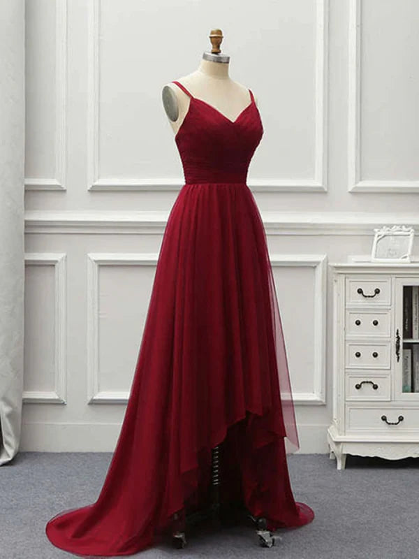Flowing A-Line high-low tulle formal dress, side view.