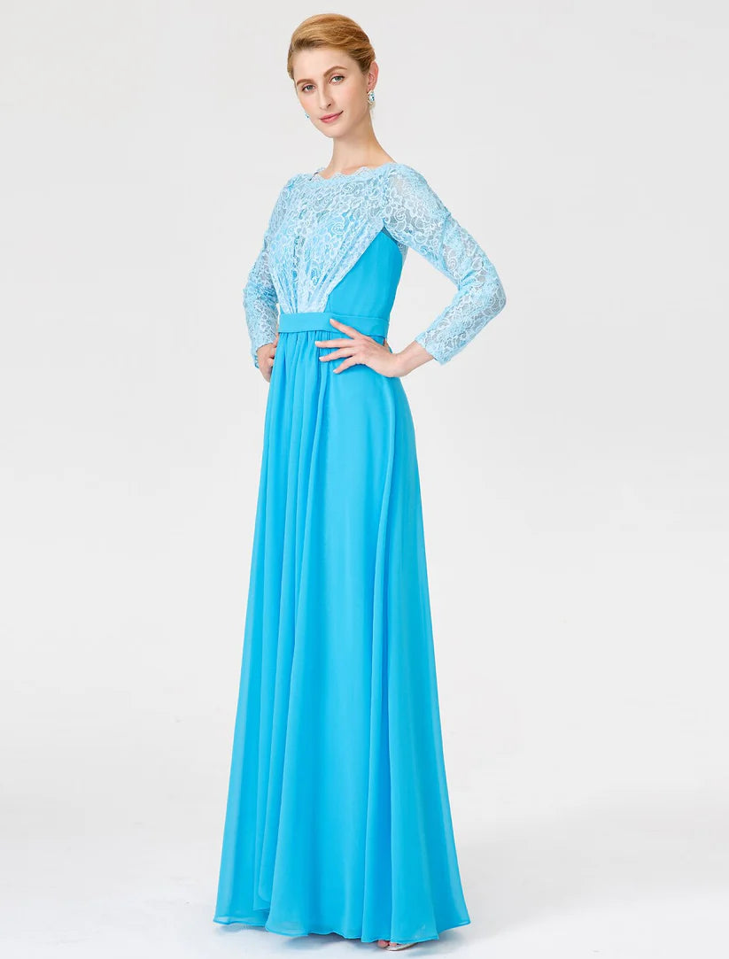 Close-up of the lace bodice and scoop neck of the A-line Mother of the Bride dress.