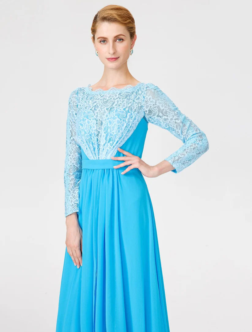 Back view of a woman wearing the elegant A-line ball gown Mother of the Bride dress.