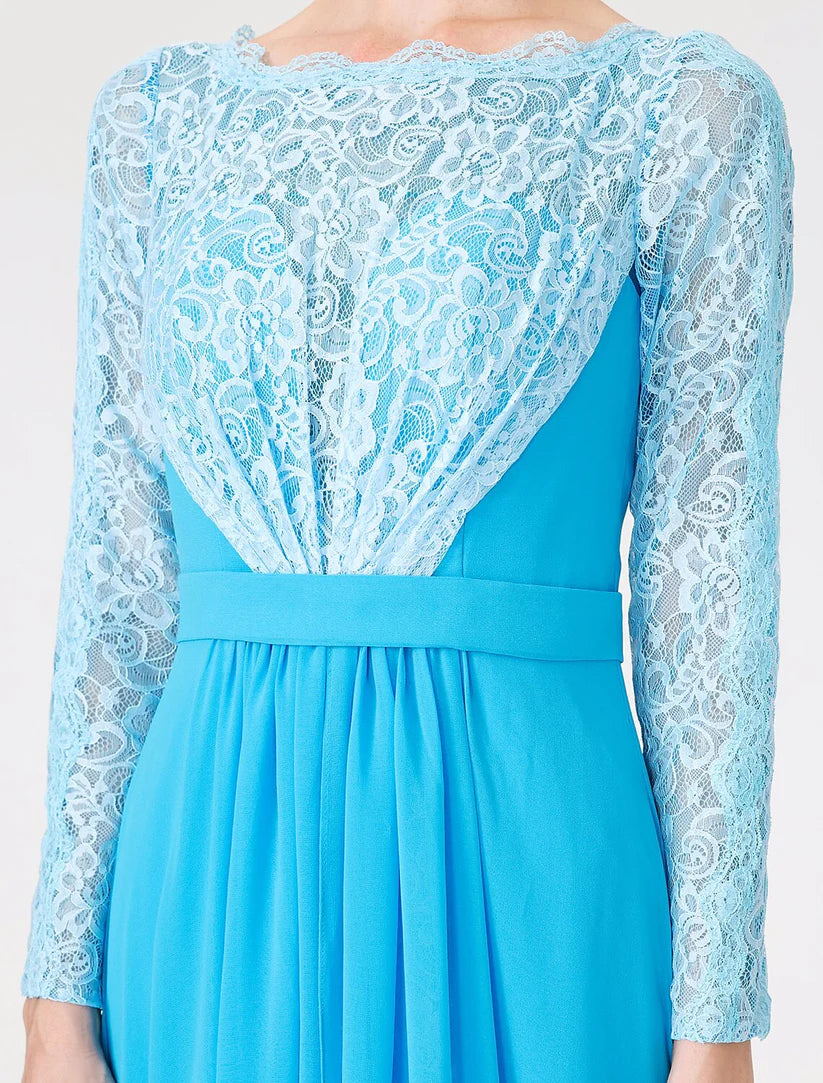 Detail of the chiffon fabric and sash on the Mother of the Bride A-line dress.