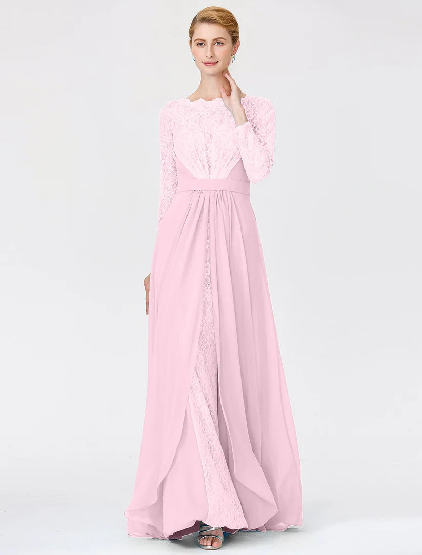 Elegant Mother of the Bride dress with chiffon and lace details, worn by a woman.