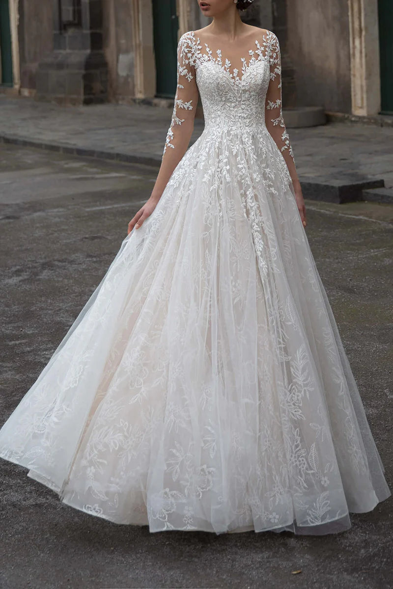 Elegant A-line wedding dress with Bardot neckline and long lace sleeves.
