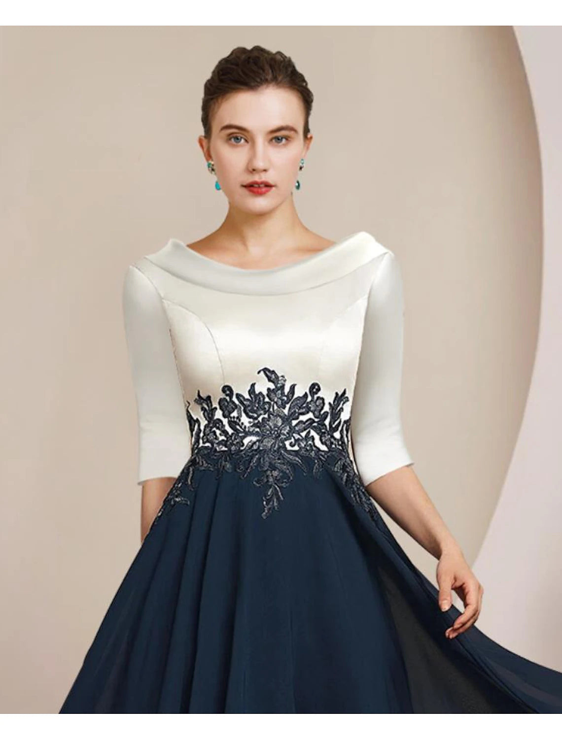 Back view of the A-Line Mother of the Bride dress, showing color block detail and elegant silhouette.