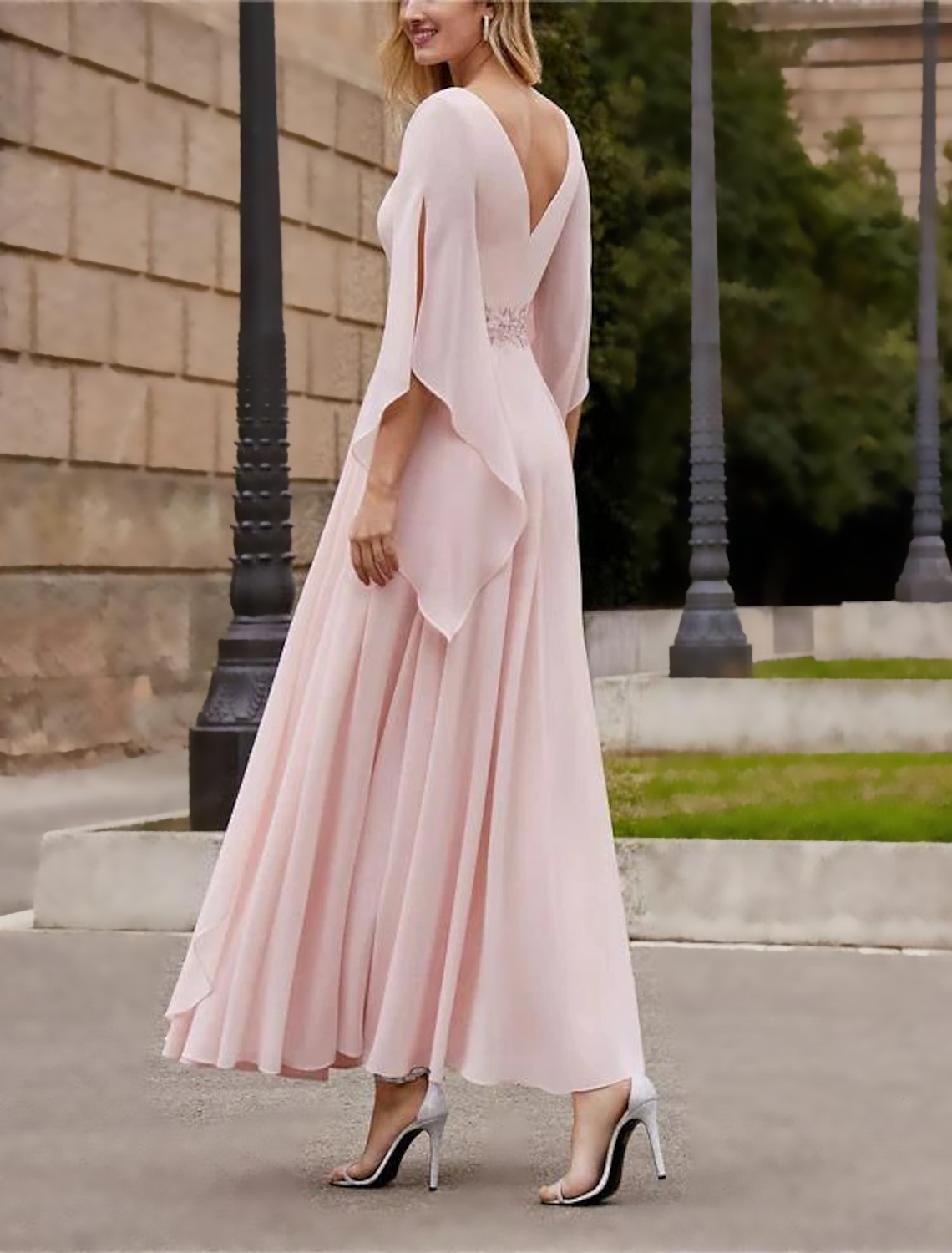 Back view of the A-Line formal dress, showcasing its ankle length and chiffon fabric.