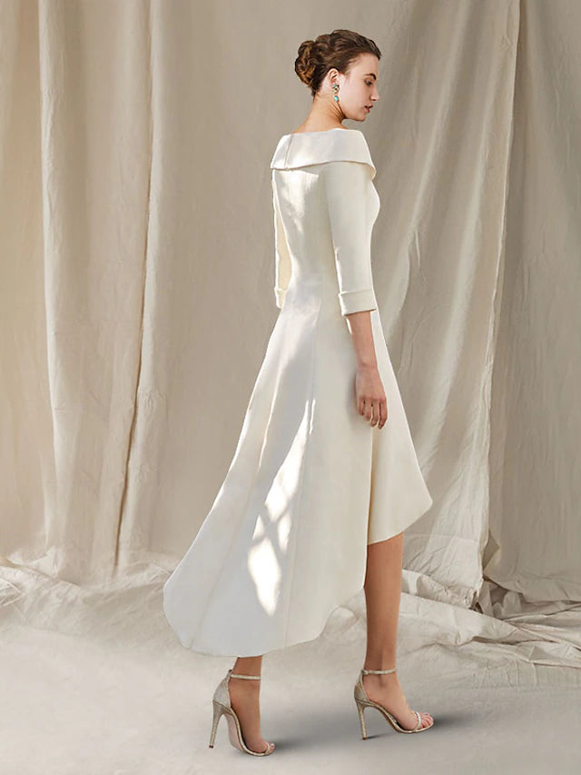 Side view of the A-Line Mother of the Bride dress, highlighting the asymmetrical knee-length hem.