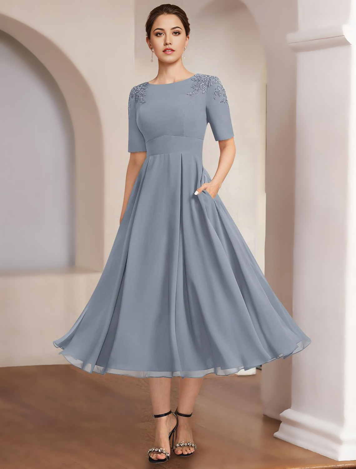 Elegant A-line Mother of the Bride dress with bateau neck and 3/4 sleeves, featuring lace and beading.
