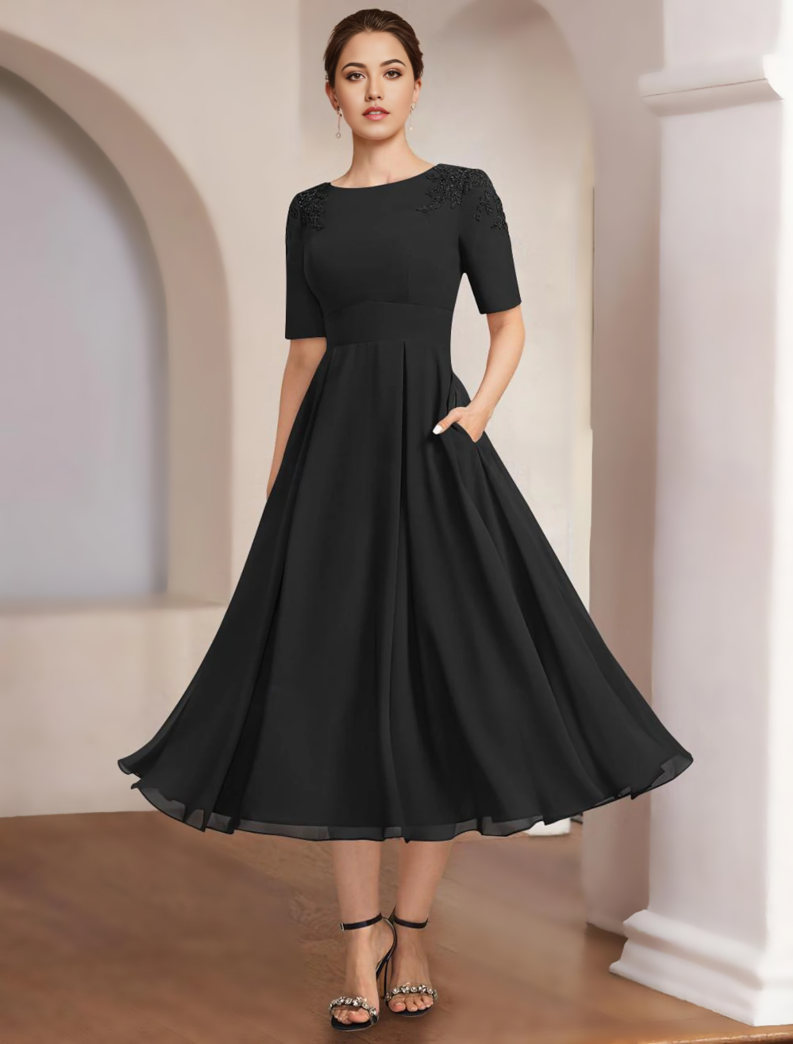 Full view of the A-line formal dress, showing its flow and sophisticated design.