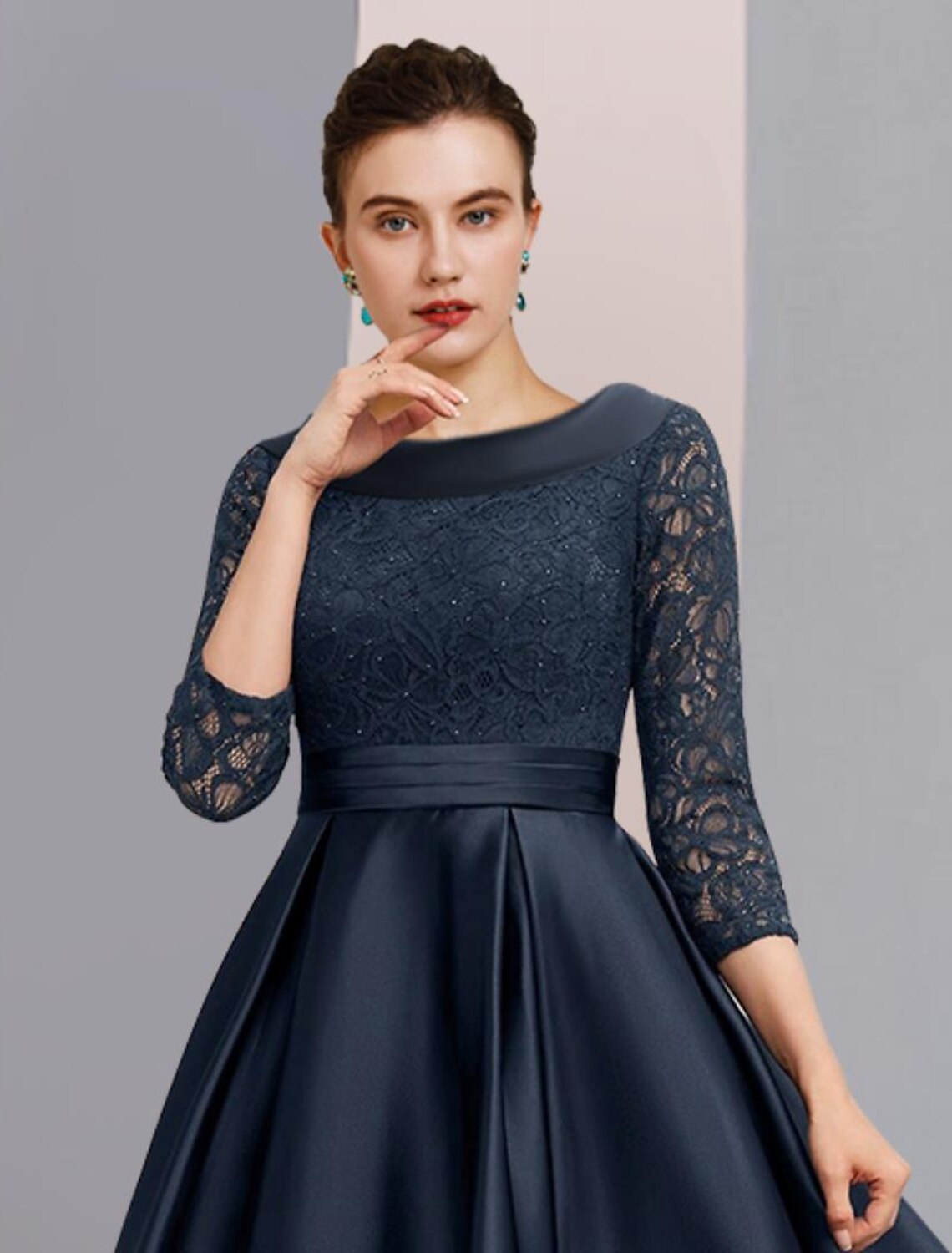 Side view of the A-Line formal dress, showcasing the ankle length.