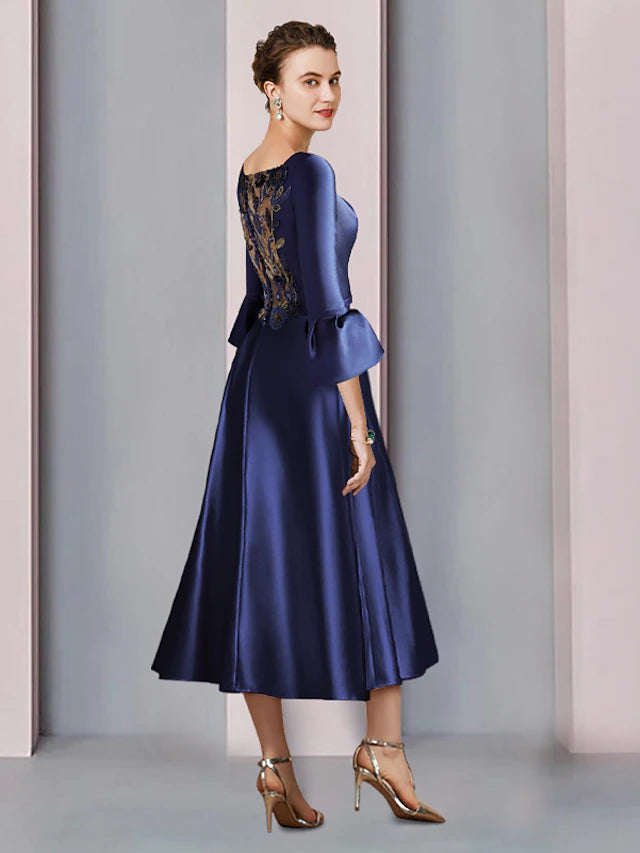 Formal A-Line satin dress for wedding guests, featuring a bateau neckline and 3/4 length sleeves.