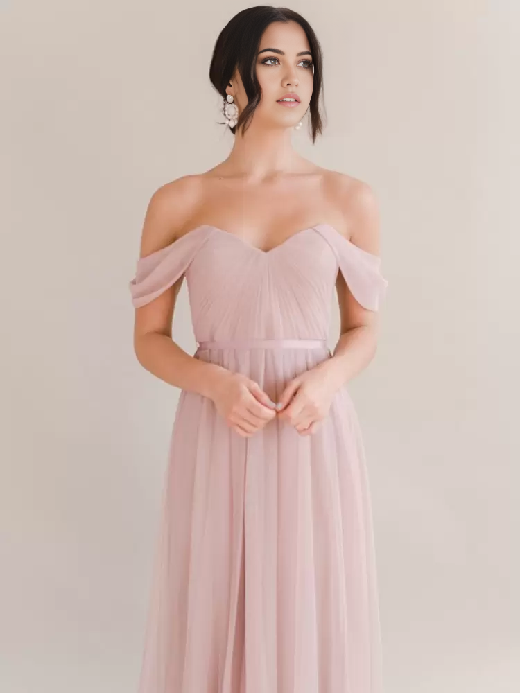 Back view of the floor-length pleated chiffon bridesmaid dress.