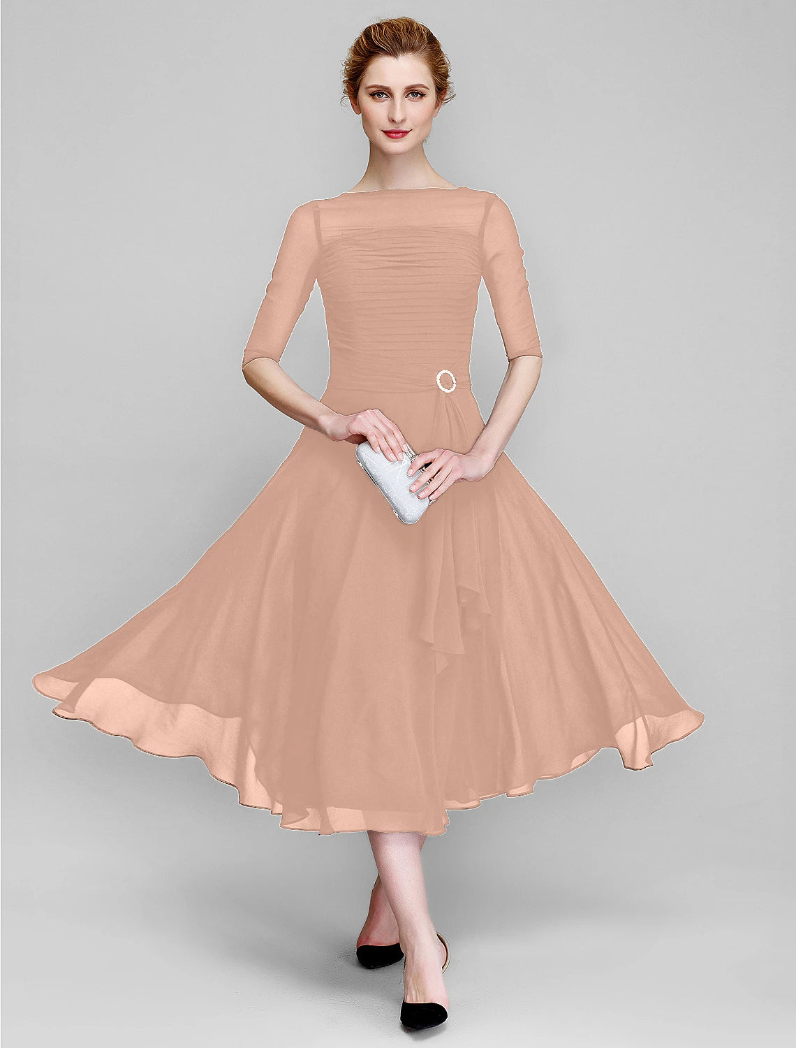 Close-up of the ruched detailing on the elegant A-Line dress.
