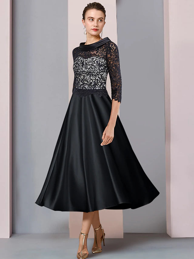 Elegant A-Line Mother of the Bride dress with bateau neck and half sleeves.