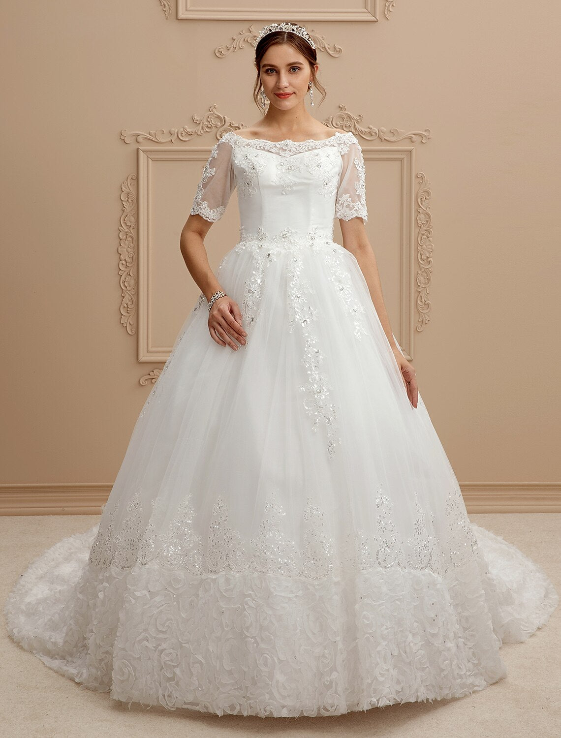 Full length view of the A-Line wedding dress showcasing the cathedral train.