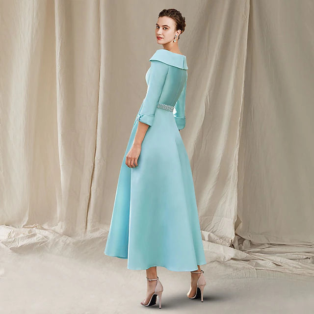 Full view of the A-Line satin gown, showcasing the elegant drape and ankle length.