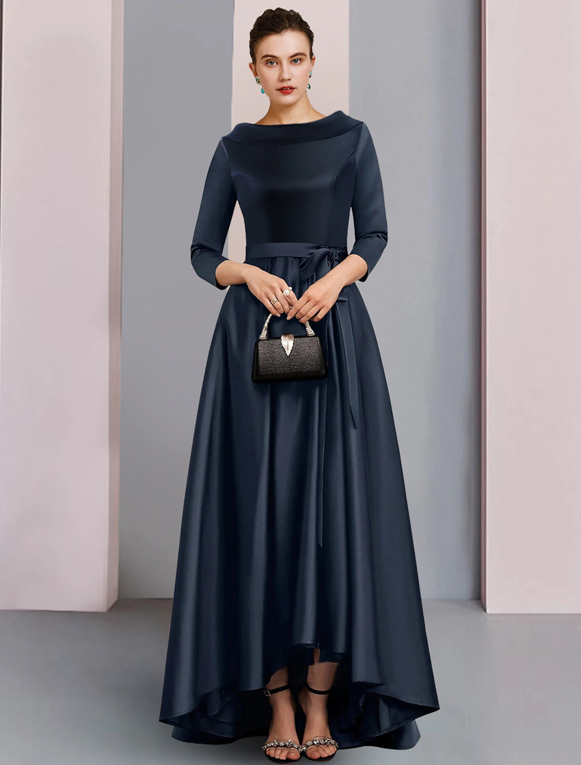 Elegant A-line satin high-low dress with 3/4 sleeves and bateau neck.