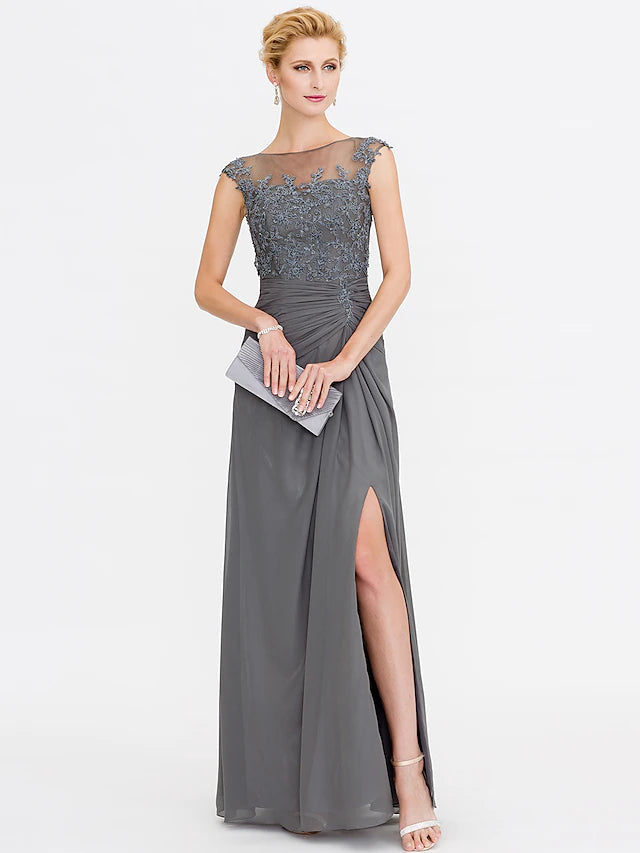 Elegant A-line Mother of the Bride dress with bateau neck and chiffon lace.