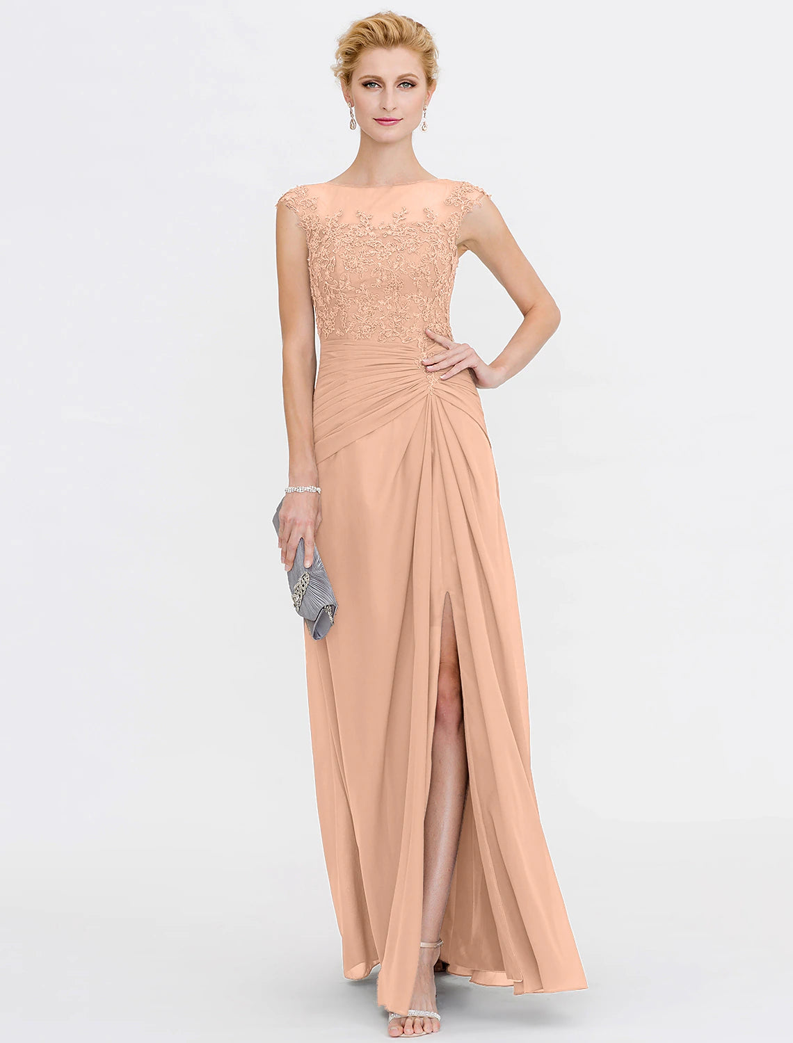 Side view of the A-line Mother of the Bride dress showing elegant side draping.