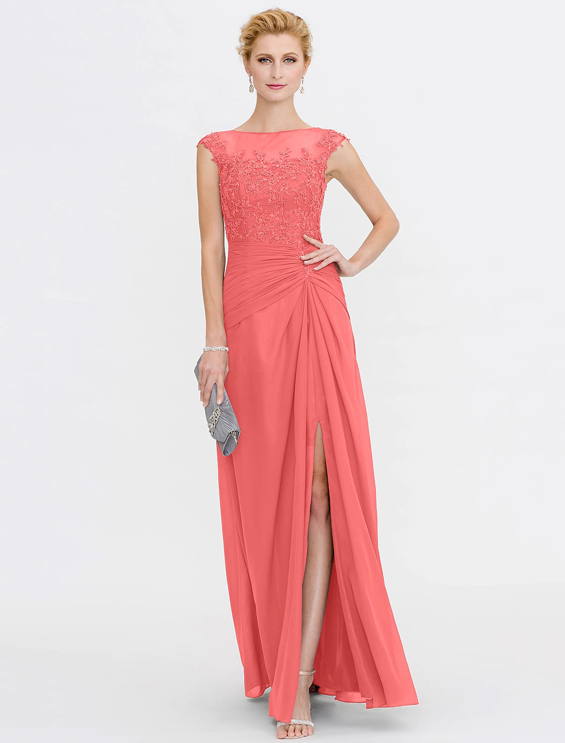 Back view of the floor-length Mother of the Bride dress with a subtle train.