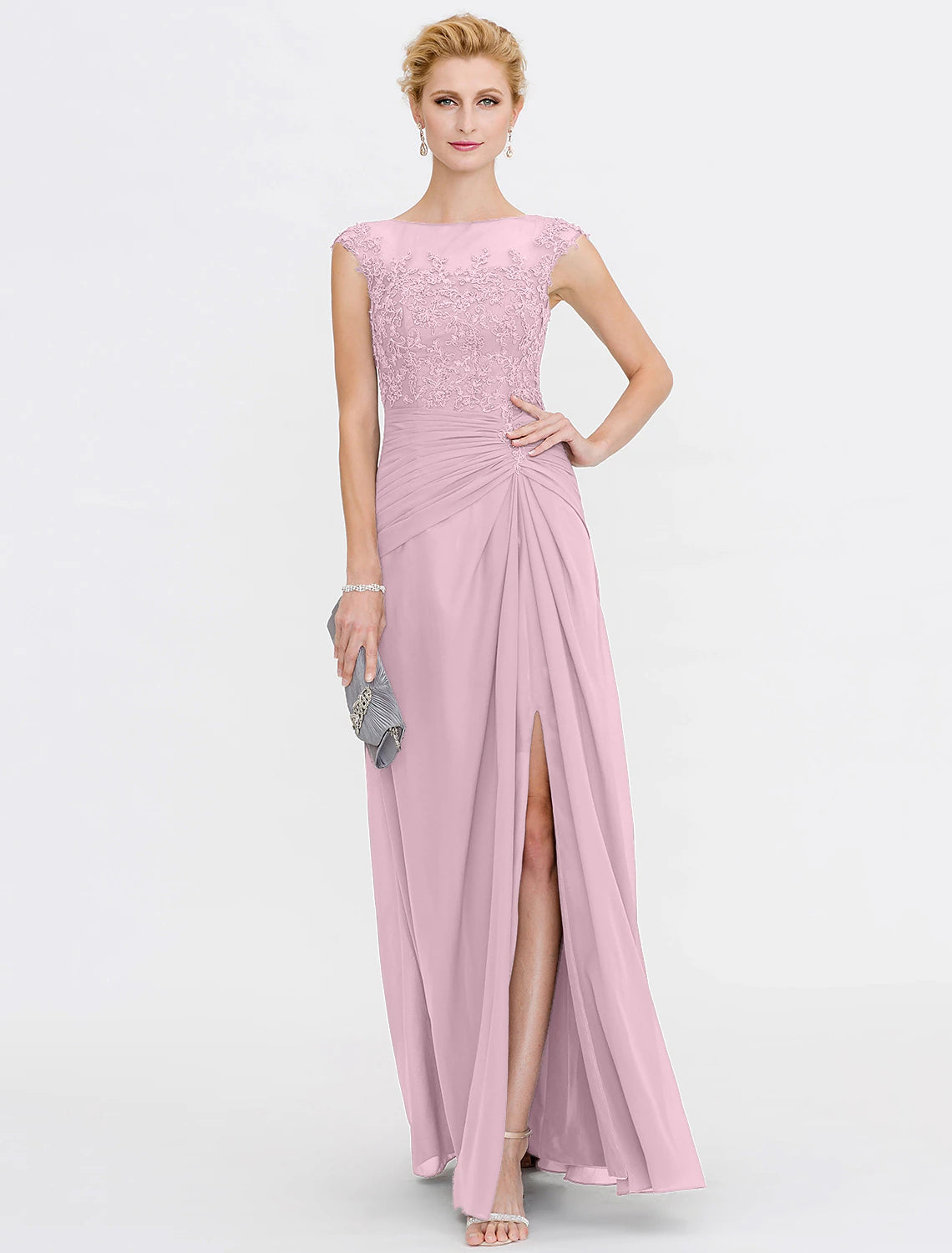 Full view of the sleeveless A-line Mother of the Bride dress in a formal setting.