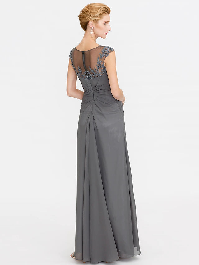 Model showcasing the elegant silhouette of the A-line chiffon lace gown.