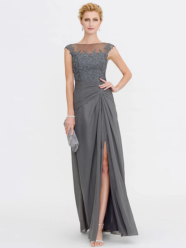 Detail of the sleeveless design and chiffon fabric on the formal dress.