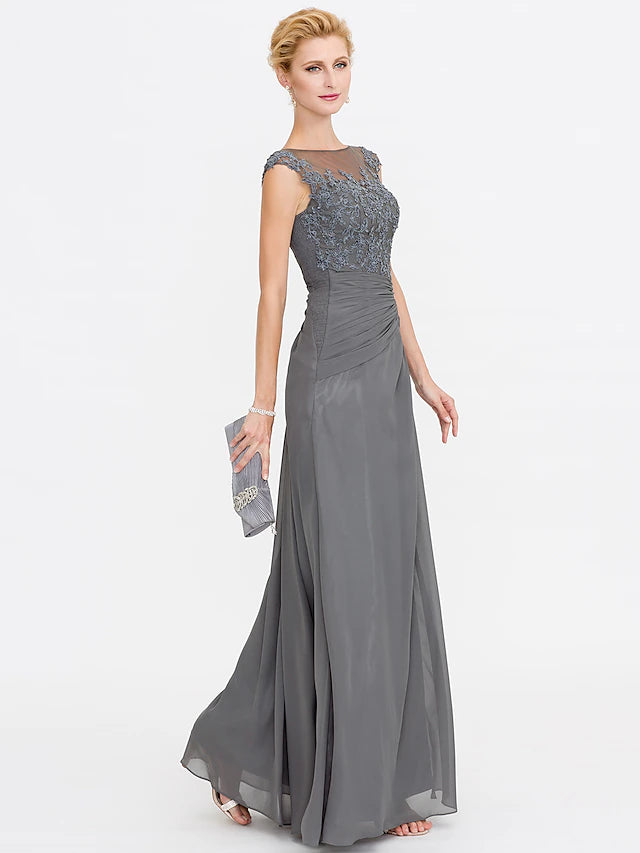 Mother of the Bride dress with floor-length hem and flowing chiffon.
