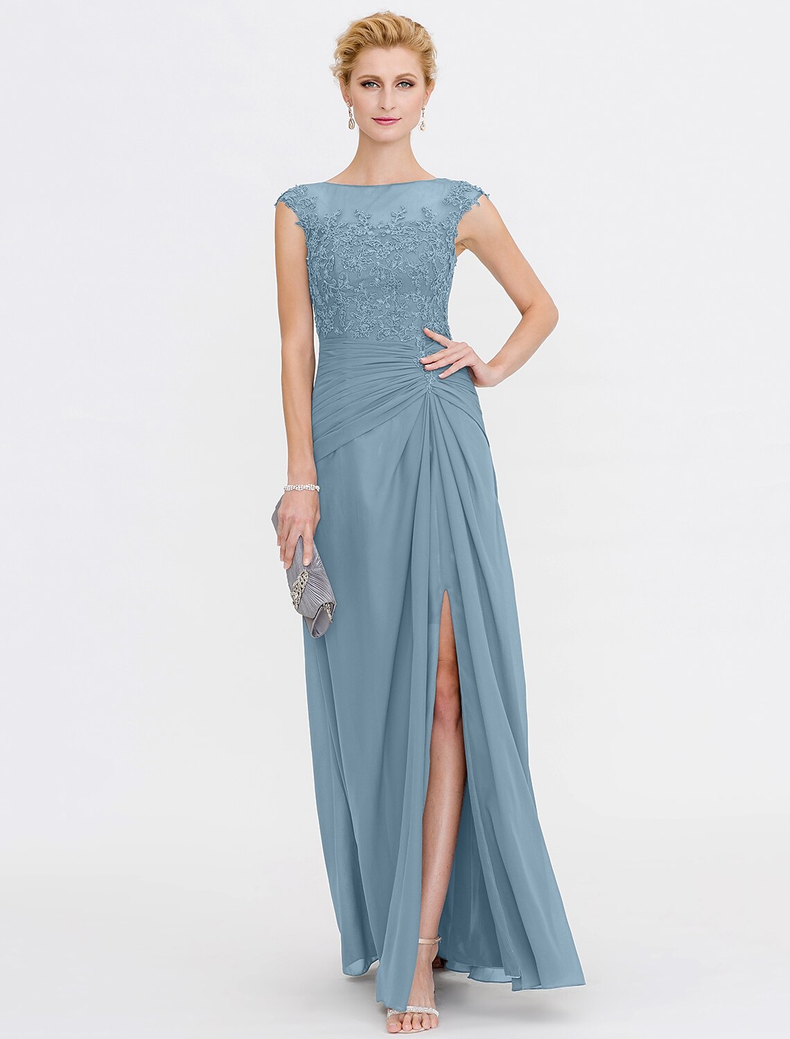 Side view of the A-Line dress showing side draping and floor length.